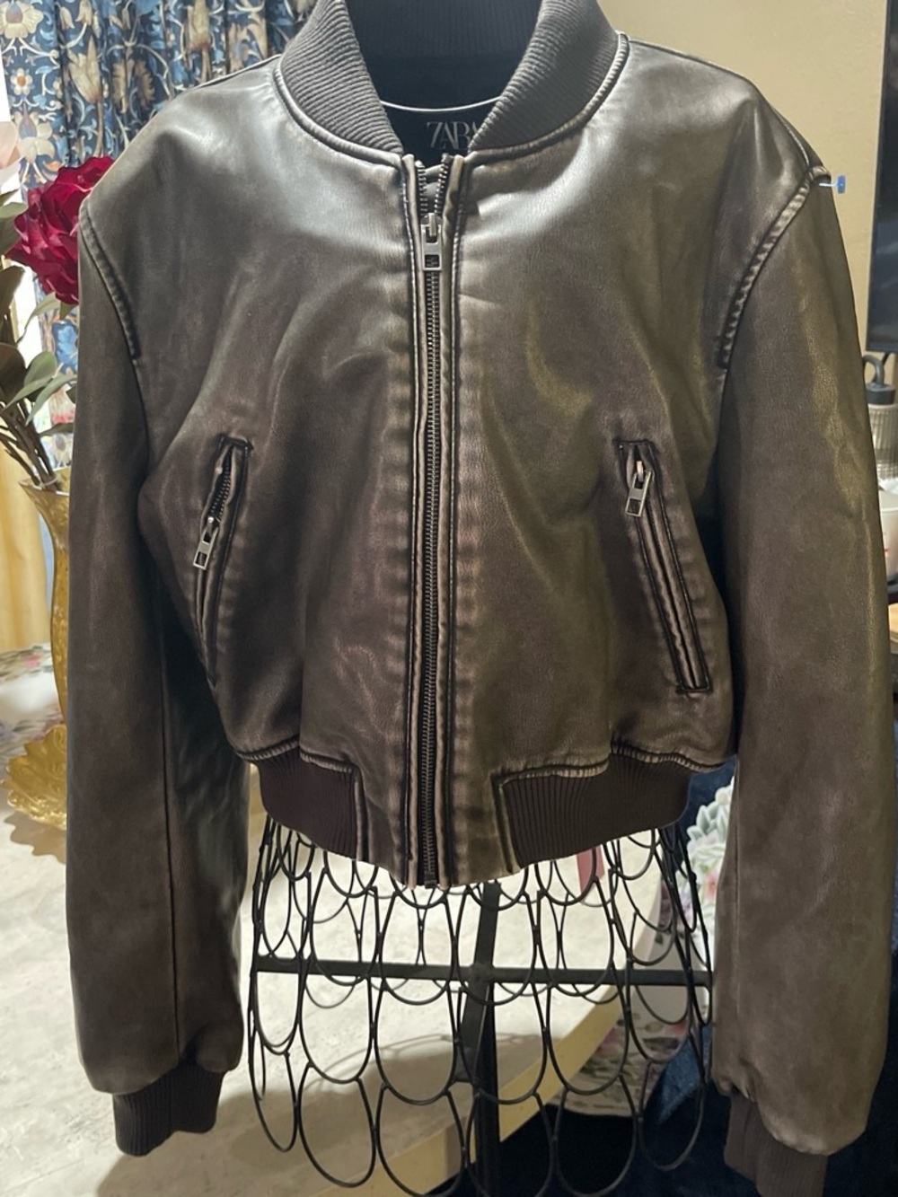 Zara Dark Brown Leather Bomber Jacket